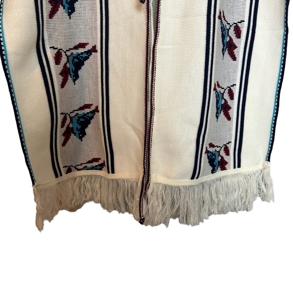 Retro 60’s 70’s Rare Bluebird Boho Rug Western Poncho w/ Fringe Hem & Tie Front - Picture 2 of 16